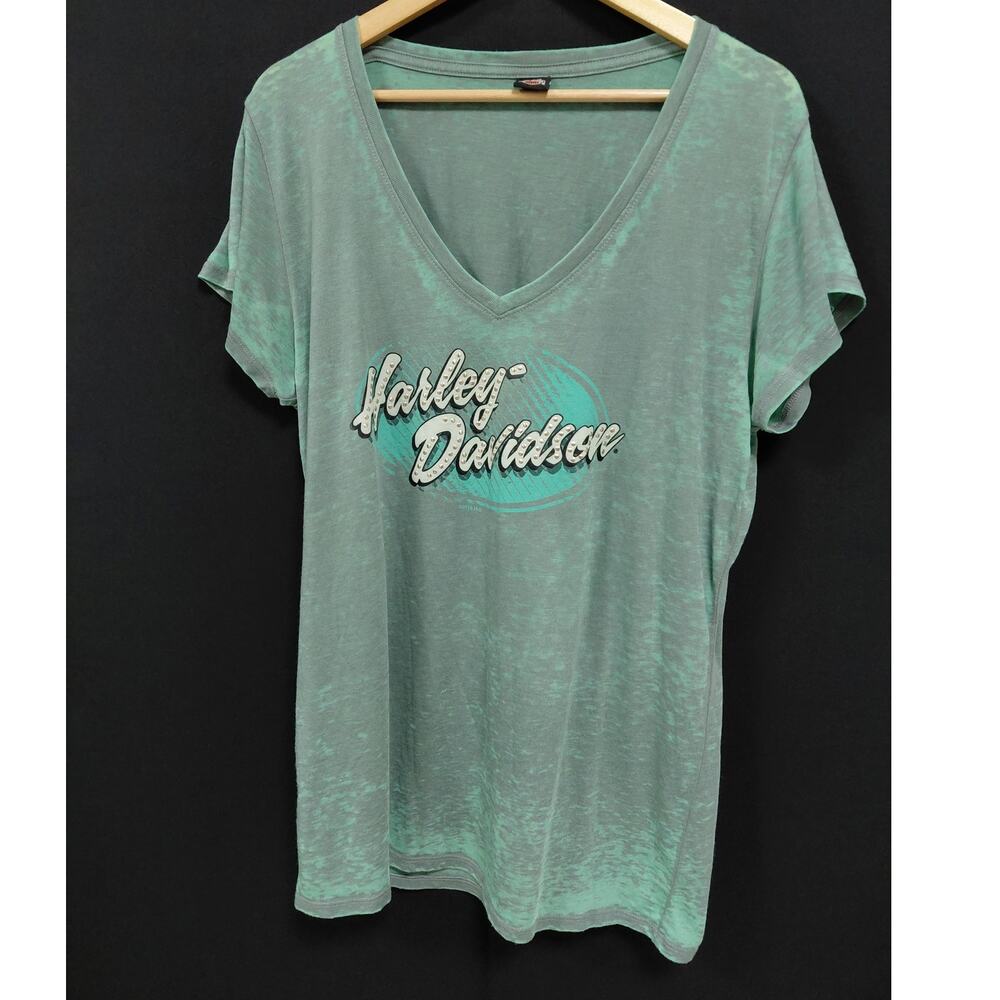 Harley-Davidson logo Green Graphic Print V-Neck Short Sleeve See Measurements